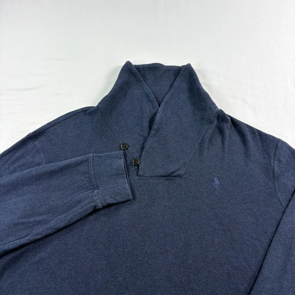 Polo Ralph Lauren Sweater Mens XL Blue Herringbone Shawl Collar Pullover Preppy